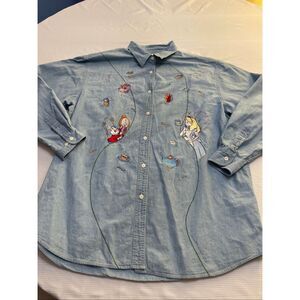 Vintage 90s Disney Embroidered Alice In Wonderland Long Sleeve Button Shirt XL